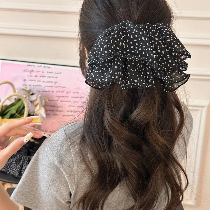 复古双层波点雪纺裙摆发圈女2025新款低马尾发绳高级感扎头发头绳