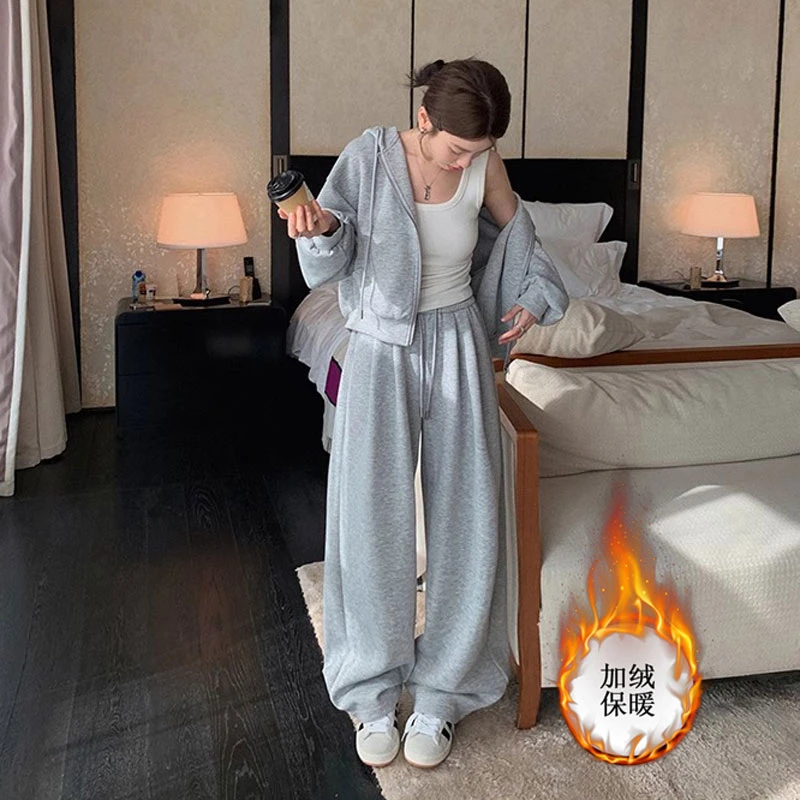 秋冬加绒加厚设计感抽绳连帽休闲套装女宽松显瘦百搭时尚两件套