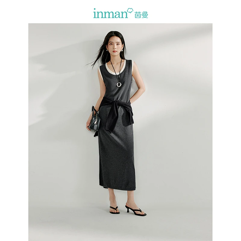【茵曼女装】茵曼假两件U领背心连衣裙无袖宽松直筒中长裙18518108