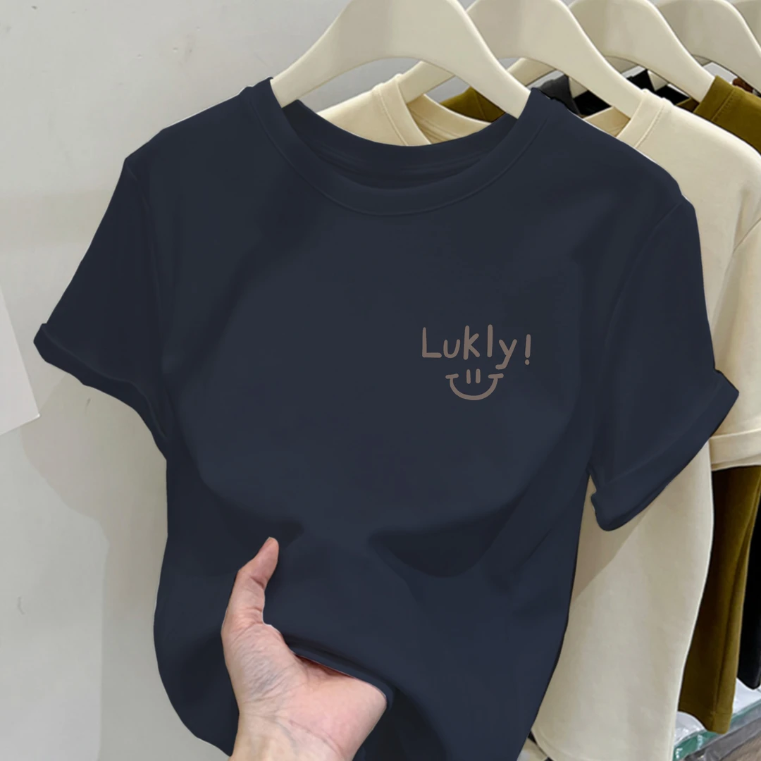 夏季新款圆领印花短袖t恤LUCKY笑脸女显瘦时尚休闲半袖纯棉上衣