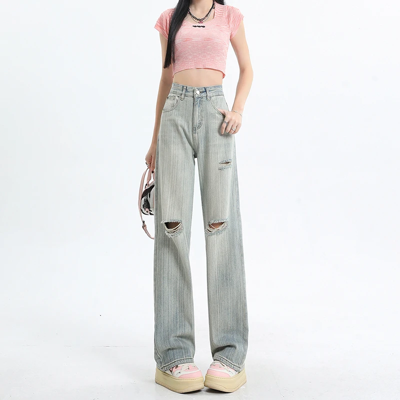 肌理感水洗浅色破洞直筒牛仔裤女2025夏季薄款高腰显瘦百搭阔腿裤
