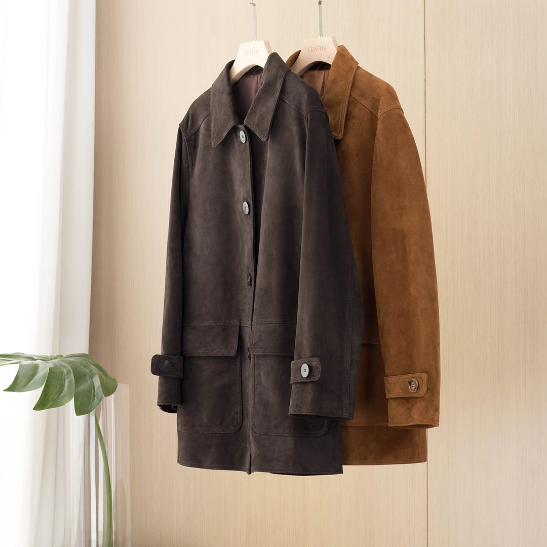 进口头层山羊皮皮衣女 真皮麂皮反绒面宽松翻绒皮中长款工装外套