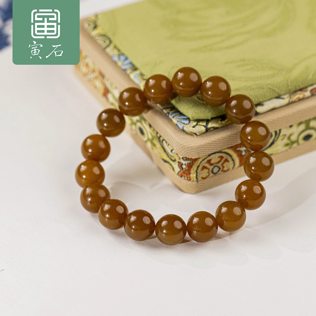 寅石珠宝新疆且末天然和田玉糖玉圆珠手串