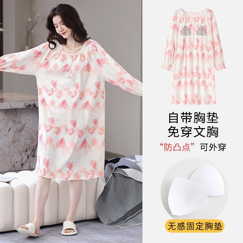 新款睡裙纯棉睡衣女春秋季长袖连衣裙7A级抗菌带胸垫仙女风连衣裙