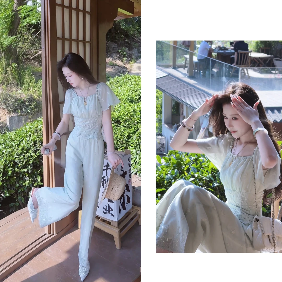 【婷婷】《绿茶》定染青！刺绣裤装国风套装 TTY2SX399
