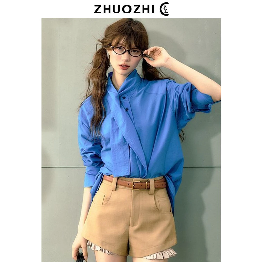 高级感亚麻衬衫女春秋款法式克莱因蓝色棉麻衬衣高端外搭长袖上衣