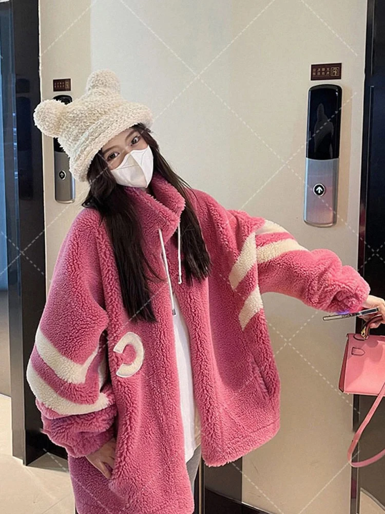 5719~【文鹿鹿】2024时尚美学加绒加厚秋冬新品潮流粉色系棉服女