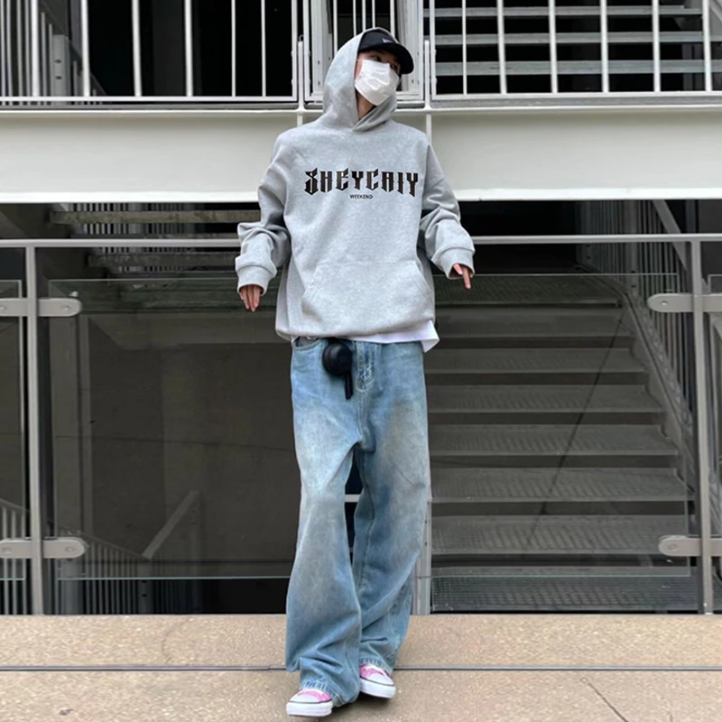 美式cleanfit灰色加绒卫衣男款重磅硬挺连帽外套秋季内搭休闲上衣