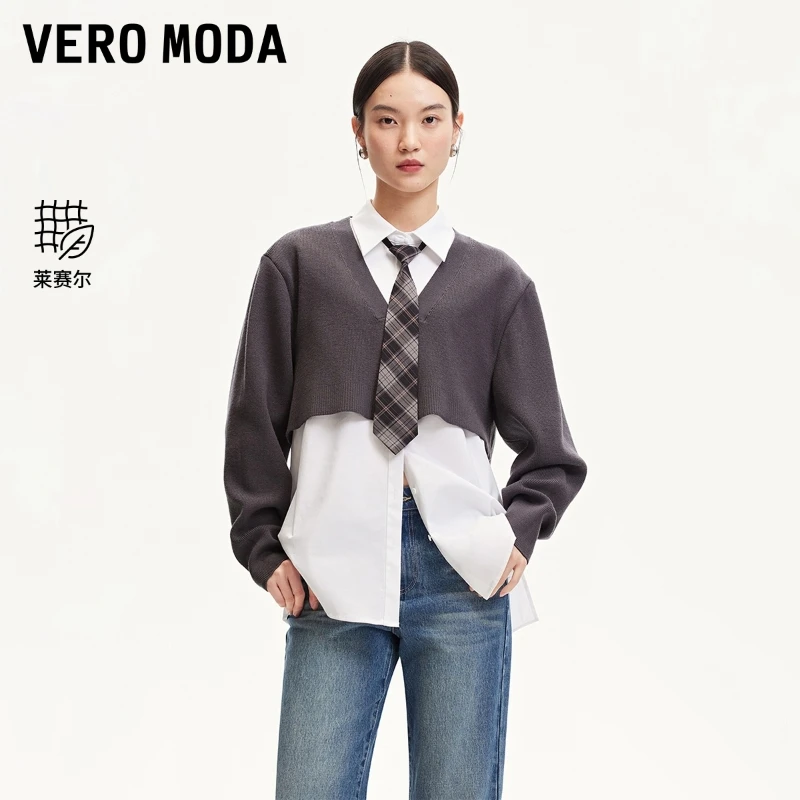 Vero Moda衬衫24秋冬新款假两件针织拼接衬衫可拆卸领带324405016