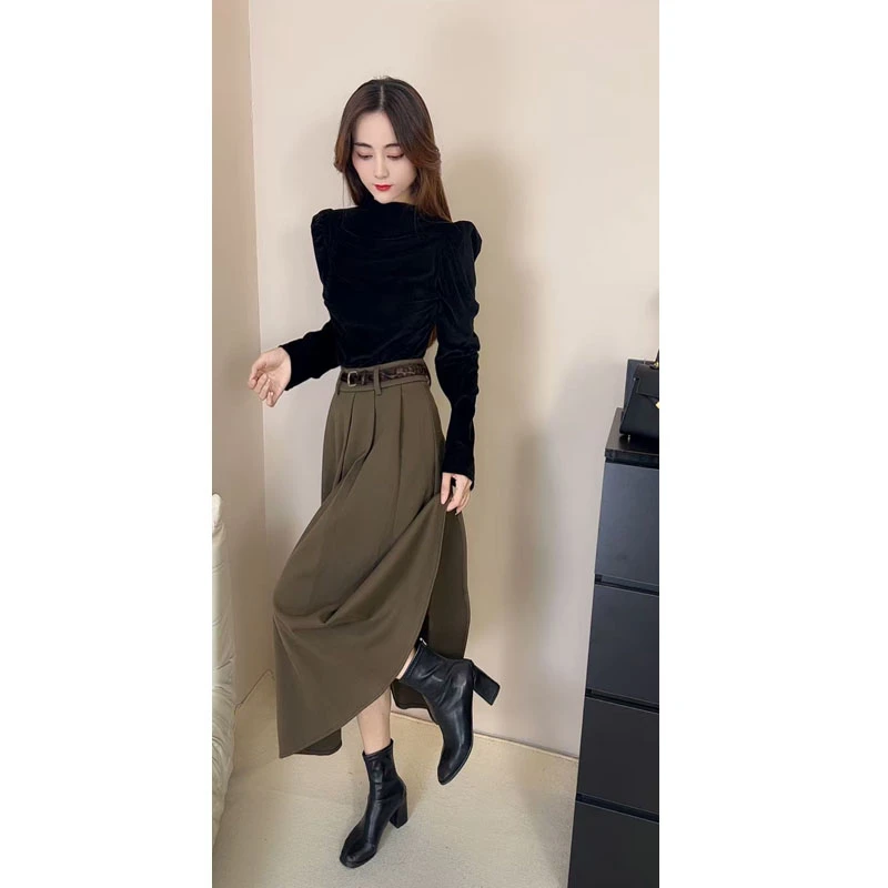 含腰带/气质洋气泡泡袖褶皱绒面上衣女显瘦百褶毛呢伞裙半身裙潮