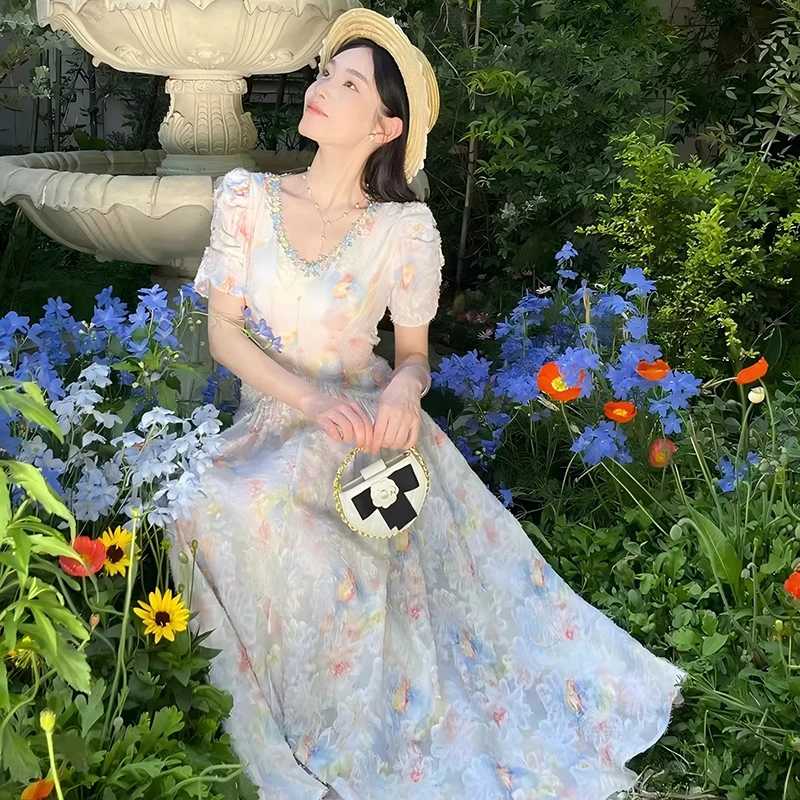 【有里布】夏装长裙收腰新款高级夏季短袖法式气质绑带连衣裙D1525