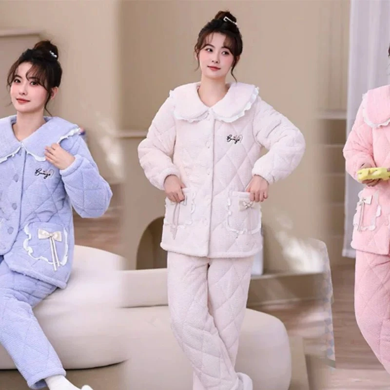 冬季时尚新款纽扣款立领三层夹棉加厚加绒保暖长裤睡衣家居服套装