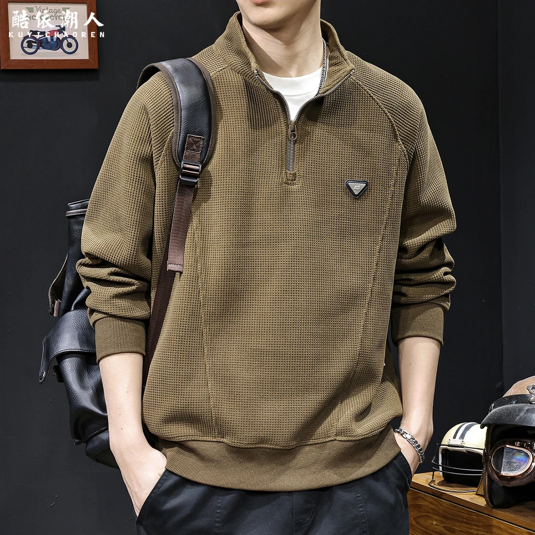 华夫格拉链半高领卫衣男士2025秋季新款潮牌宽松大码长袖高端衣服