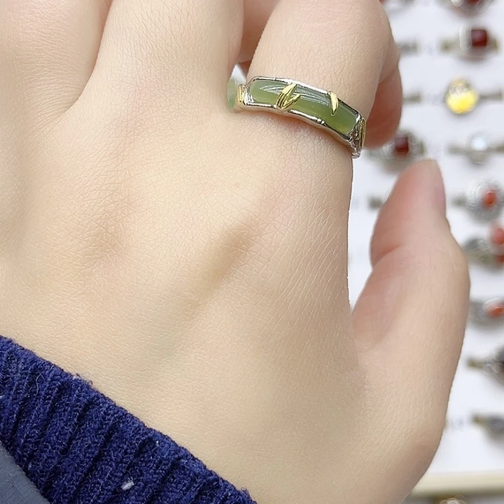 和田玉戒指银S925镶嵌天然