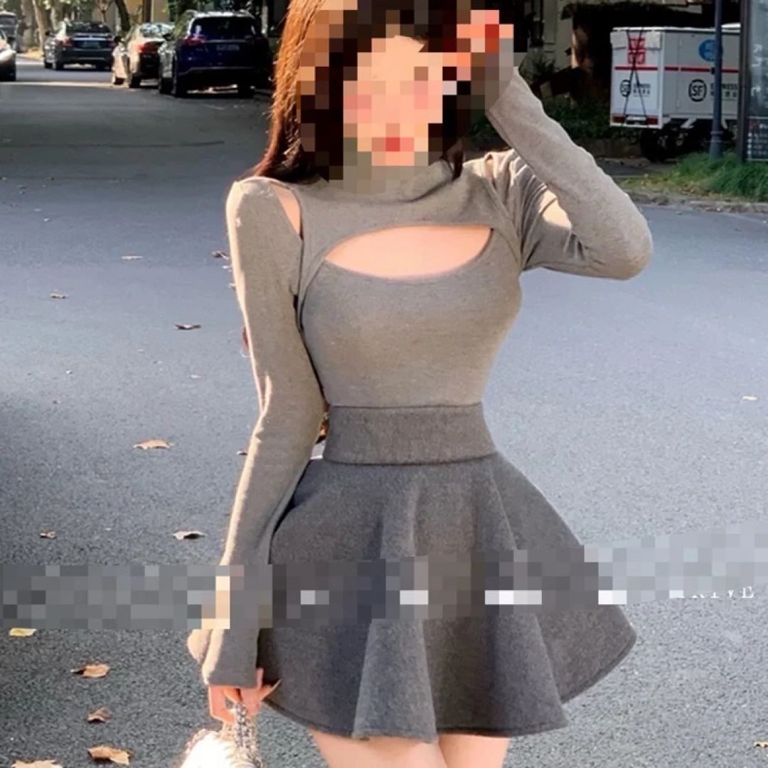 大码纯欲设计感镂空打底衫女秋冬芭蕾风蓬蓬A字裙套装88821