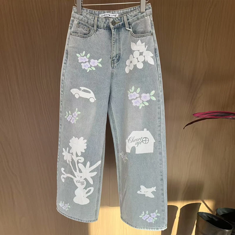 CHEERUPUNIFORM25春季新品石板塔印喷白牛仔阔腿裤裤子高腰牛仔裤