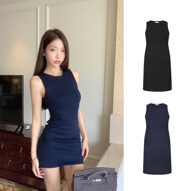 Moses Queen/魔西女王黑色针织连衣裙韩系圆领休闲无袖裙子