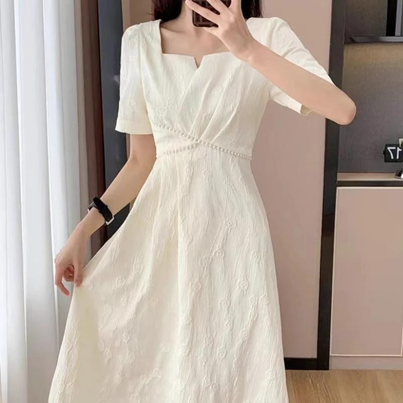 Mm大码法式复古赫本风提花连衣裙女夏季微胖收腰显瘦气质方领