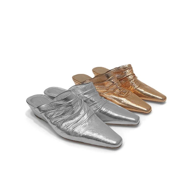 尖头褶皱金属羊皮气质坡跟包头半拖鞋(3205)