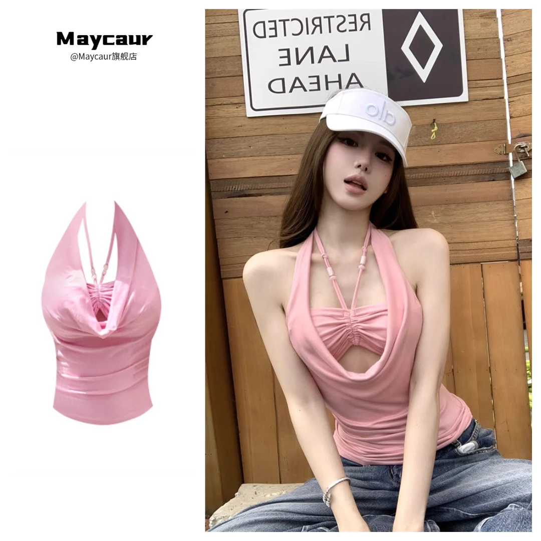 纯欲串珠美背荡领挂脖吊带背心女夏季无袖外穿设计感修身粉色上衣