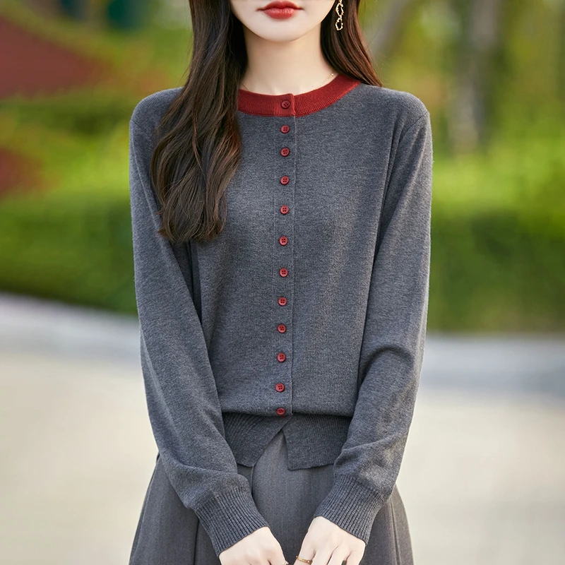 春季女士圆领撞色带扣精纺羊毛针织开衫洋气短款百搭打底GD823