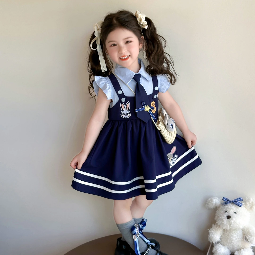 女童兔子警官飞袖连衣裙夏2025新款儿童洋气背带裙宝宝学院风裙子