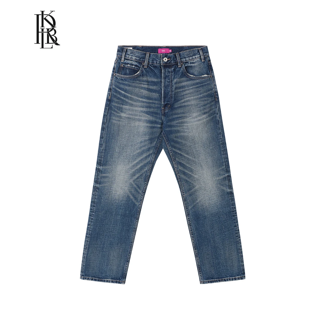 蓝布屋日本面料13.8OZ斯琳纽扣门襟轻奢水洗直筒牛仔裤KRBLDNM678