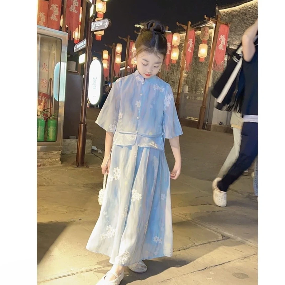 2025新款女童新中式国风中袖雪纺两件套儿童国风汉服气质印花套装