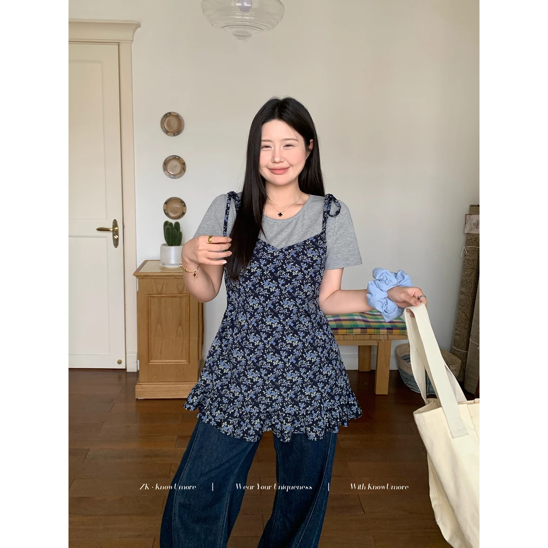 知葵微胖定制【泰兰德夏日】初春温柔碎花吊带短袖套装12254T4576