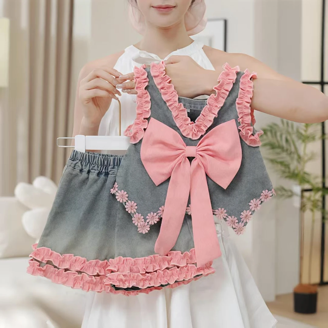 女童套装洋气牛仔背心夏季2025休闲新款无袖儿童蝴蝶结短裤