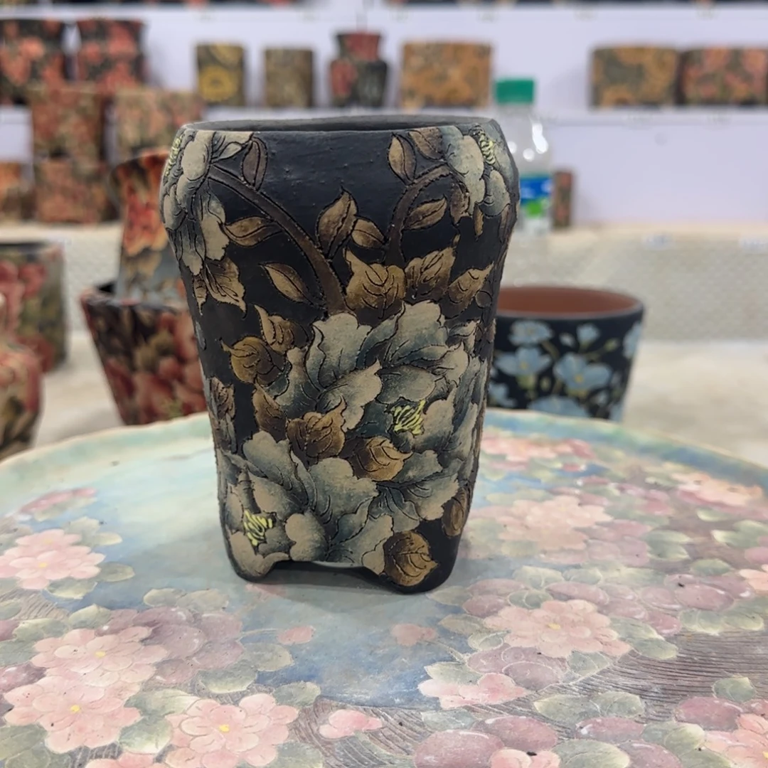 紫砂花盆精品多肉手绘花盆