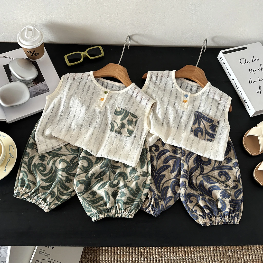 新款芙蓉缎儿童夏季中国风背心套装男女宝宝外穿无袖洋气家居服