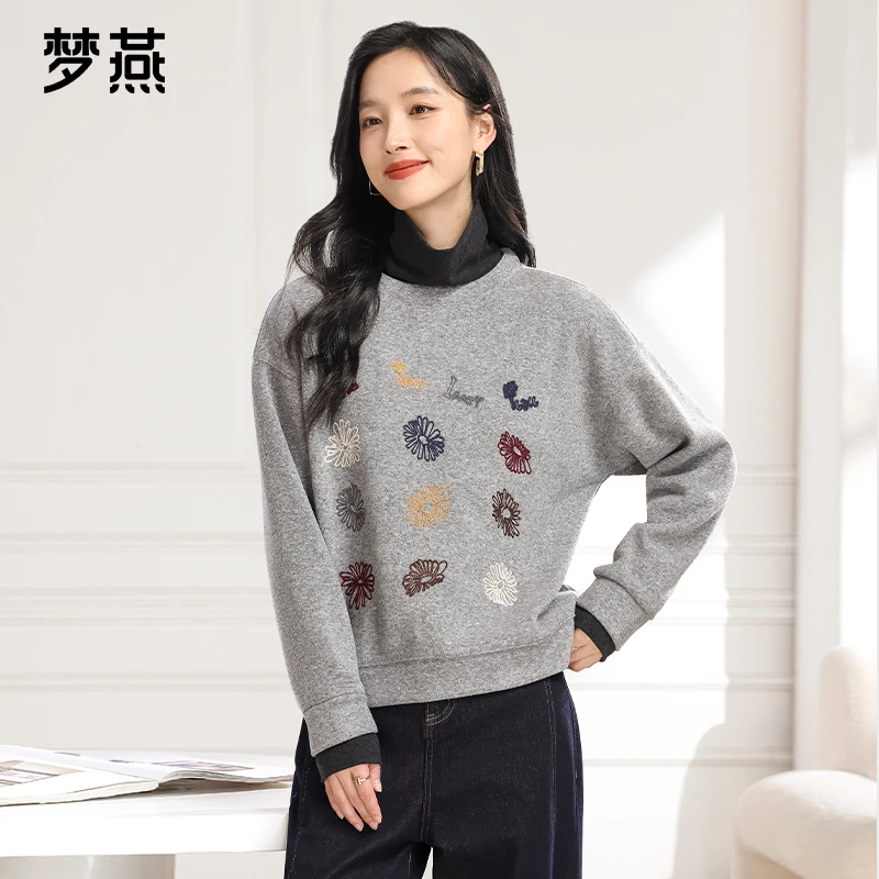 梦燕【内购会】秋冬女休闲圆领半高领卫衣印花花朵针织衫CC16B4501