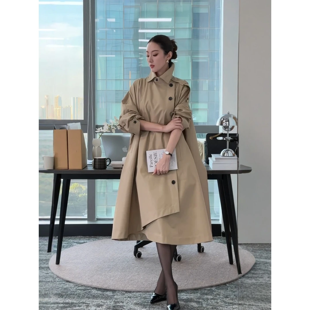 秋季新款巨好看的chic卡其色通勤时尚英伦风大翻领风衣女减龄外套