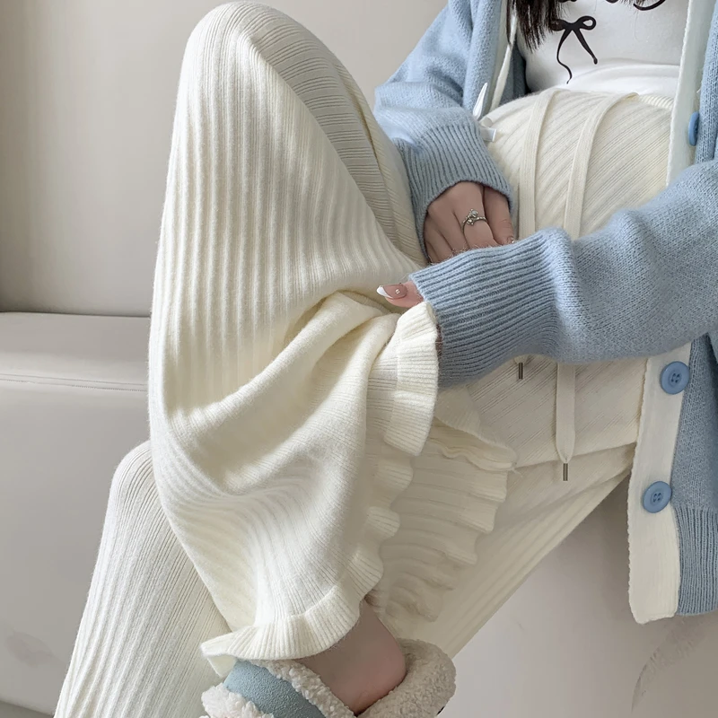 时髦高质量秋季孕妇裤子外穿针织裤秋装妈百搭设计感木耳边拖地裤