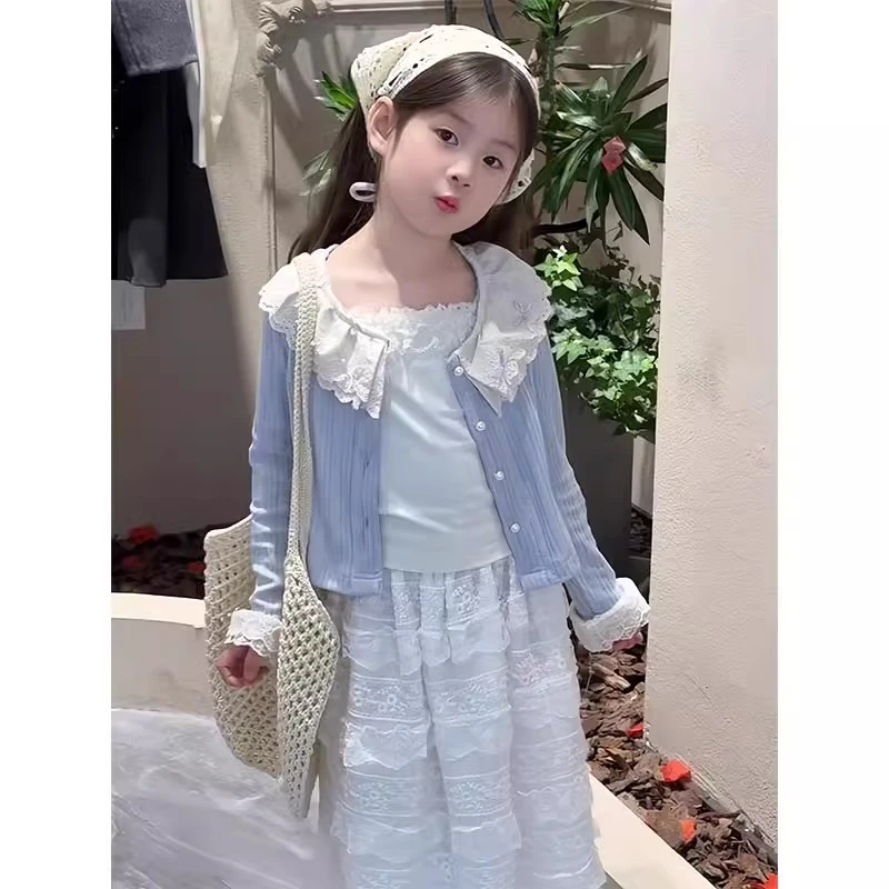 女童春装新款韩版儿童花边领开衫短外套公主女宝宝长款蕾丝半身裙