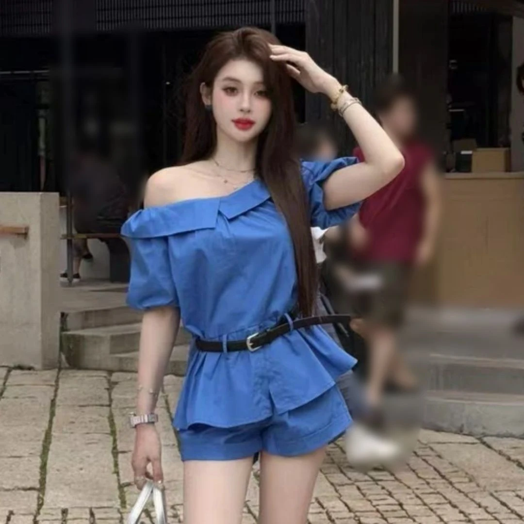 韩版百搭一字肩衬衫简约风短裤两件套女2025夏季新款复古休闲套装