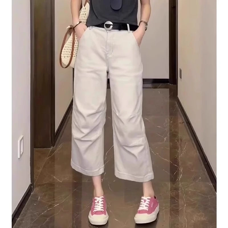 夏天薄款牛仔裤女2025新款胖mm大码直筒宽松小个子八分阔腿奶奶裤