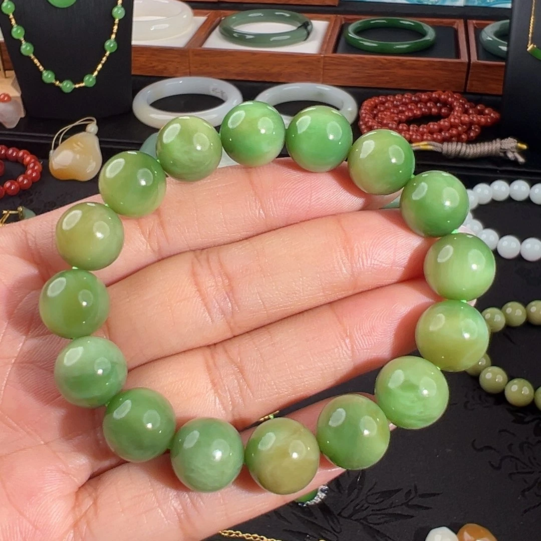 和田玉未镶嵌手串黑羊洞翠底手串11.7mm