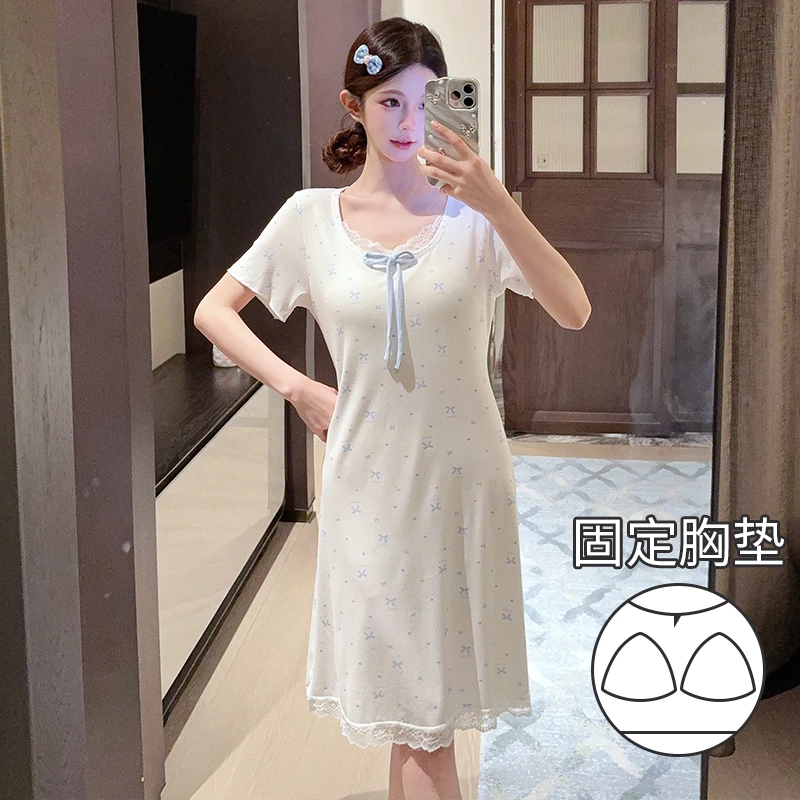 2025新款韩系ins蝴蝶结花边带胸垫睡衣女夏季短袖莫代尔长款睡裙