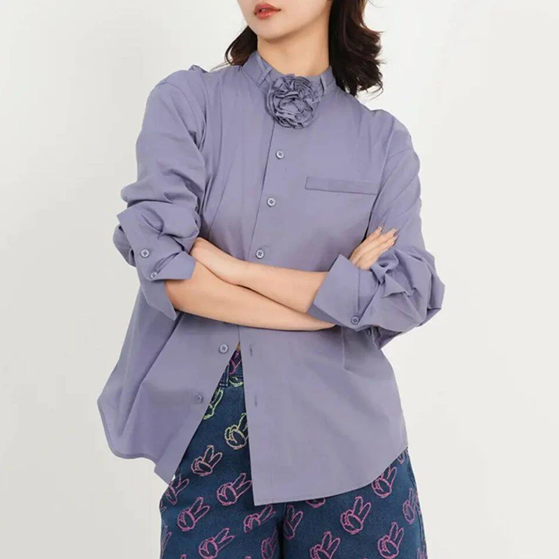 商场同款2025秋季新款时尚百搭立领系带装饰花朵长袖衬衫女130050