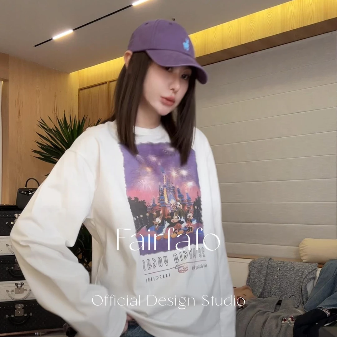 【烟花城堡长袖】CXEL58241秋冬新款潮流可爱卡通舒适美潮宽松T恤