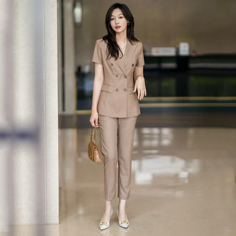 大码女装薄款短袖西装套装女夏季微胖mm职业装干练小西服通勤正装