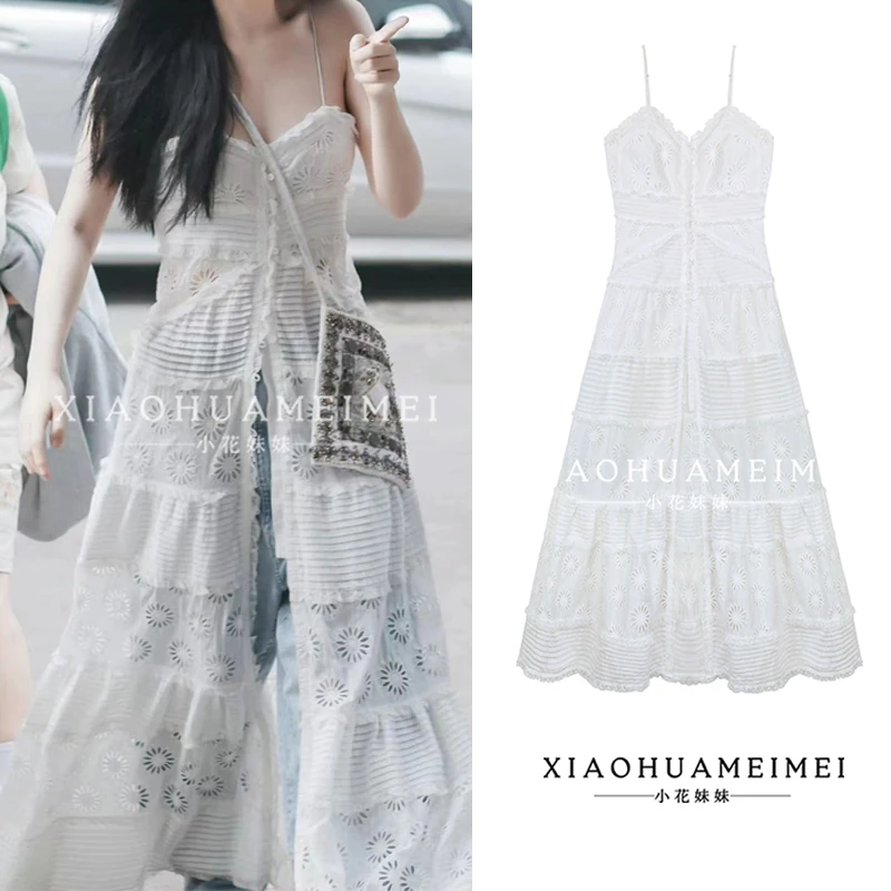 明星虞书欣同款法式白色蕾丝吊带连衣裙海边度假修身显瘦开叉长裙