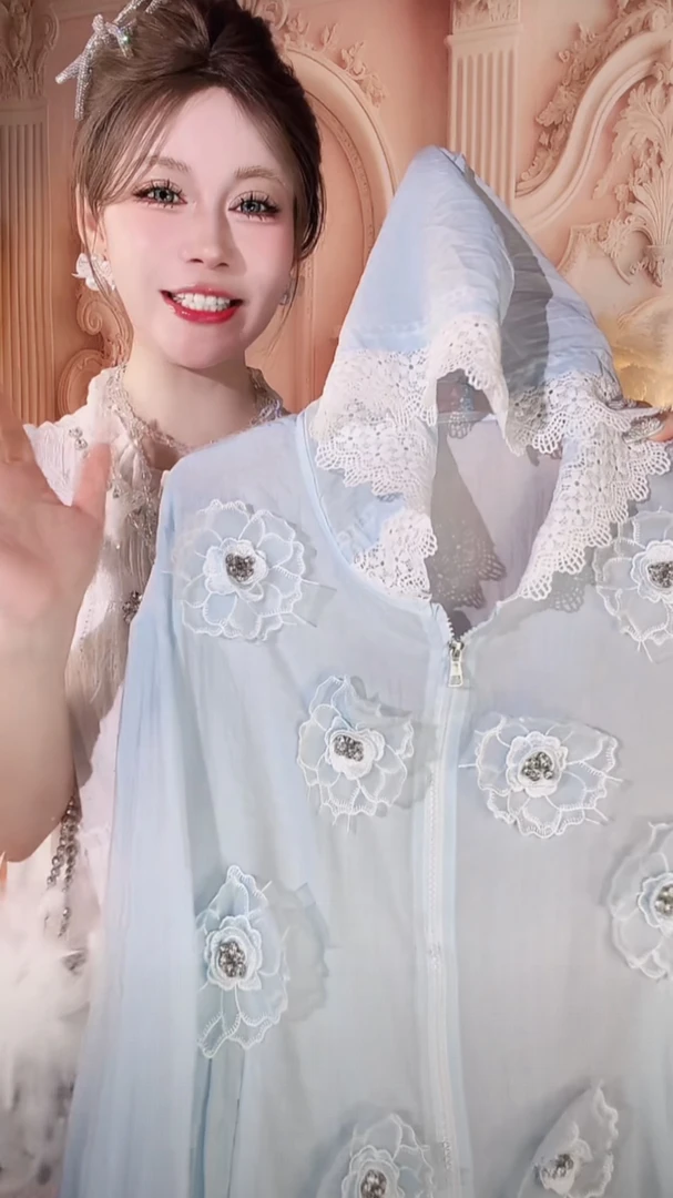 【崔】W0324 花朵薄款连帽衬衫女夏装新款宽松显瘦拉链防晒衫上衣