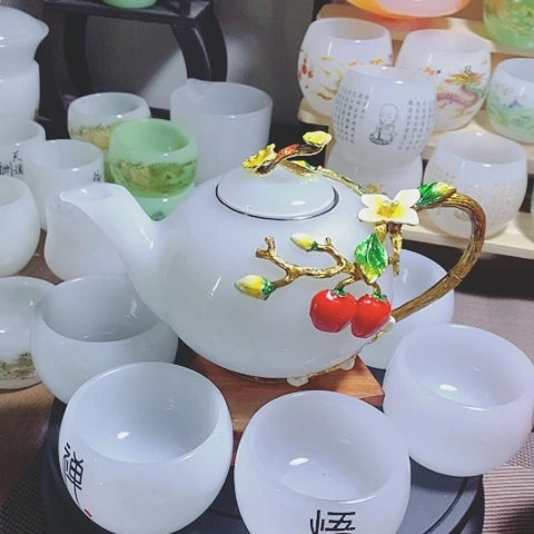 羊脂玉瓷琉璃中式珐琅彩事事如意一壶六杯礼盒套装