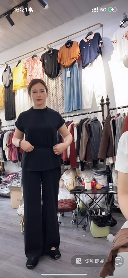 夏季女士黑色纯色圆领短袖休闲气质时尚百搭套装