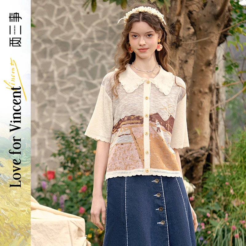 两三事梵高文艺洋葱夕绘2025春新款油画图案翻领竹节麻针织开衫女