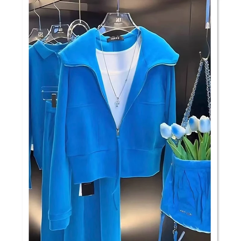 欧货休闲运动服套装女春秋新款蓝色时尚洋气炸街卫衣阔腿裤两件套
