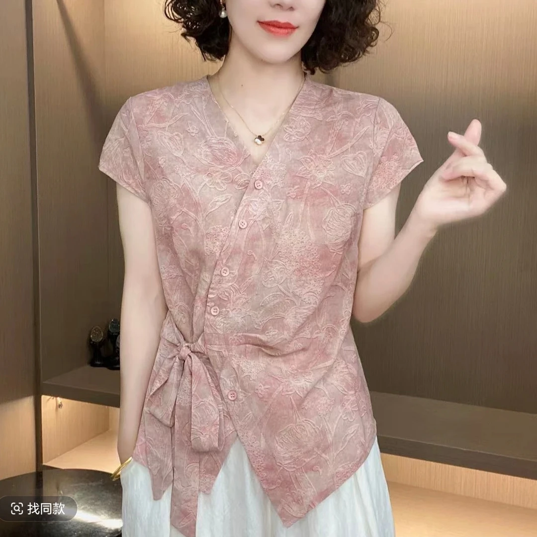 2025夏季新款印花系带时尚短袖纽扣修身显瘦气质V领国风T恤上衣